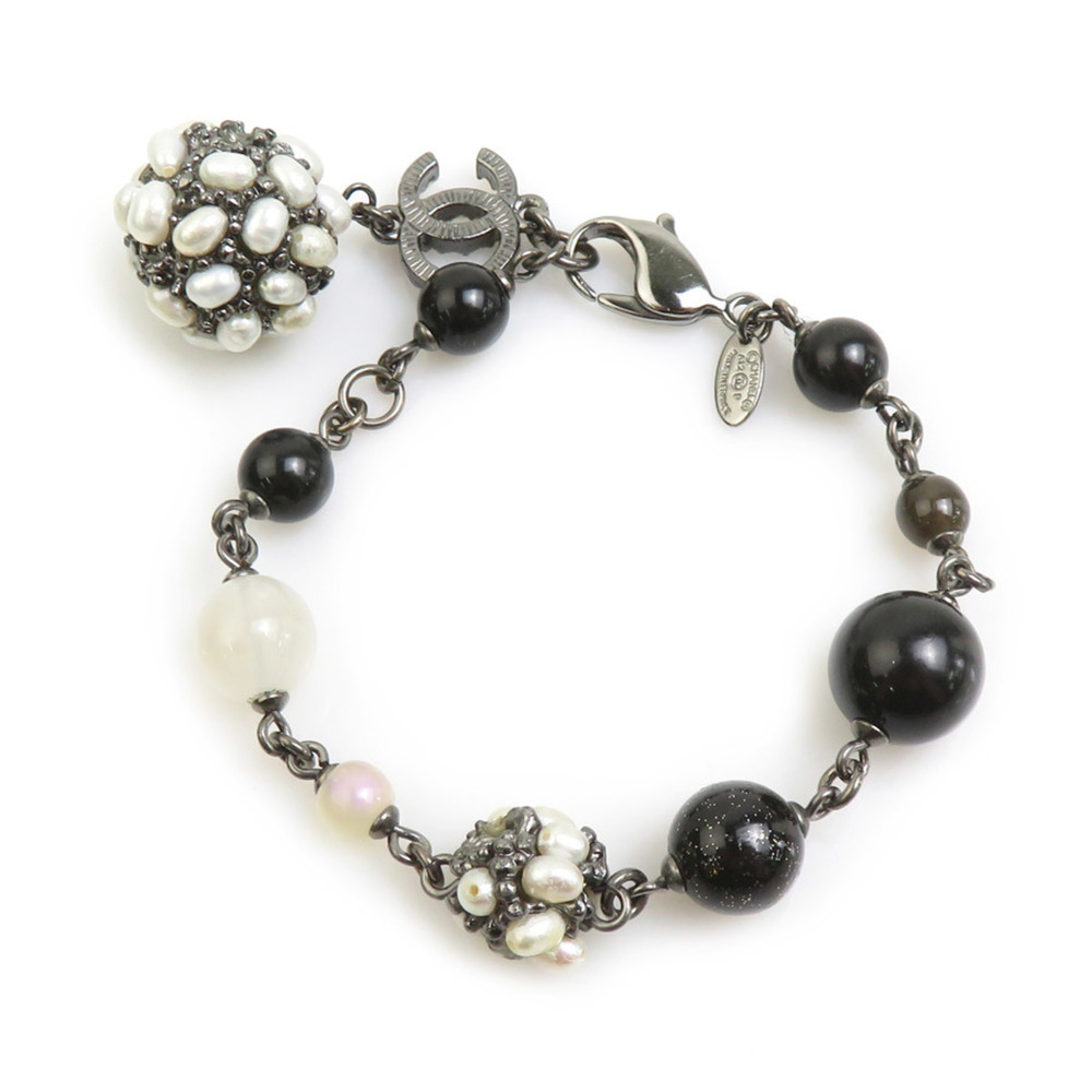 Chanel bracelet, Coco Mark design, metal, faux pearl, gunmetal, black, white,...